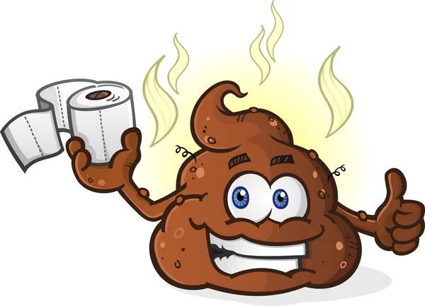 Pila sonriente de personaje de dibujos animados Poop sosteniendo papel higiénico y dando un pulgar hacia arriba — Vector de stock