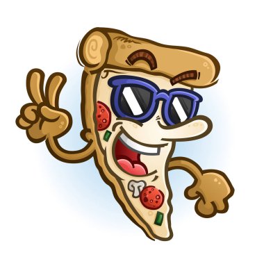 Havalı ve şık bir pizza karikatürü karakteri güneş gözlüğü takarken coşkulu bir barış jesti yapıyor.