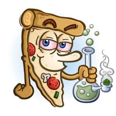 Sıcak bir dilim pizza karakteri. Gözleri kanlı. Cam su bongundan esrar tüttürüyor.