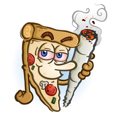 A hot delicious slice of pizza cartoon character holding a big rolled marijuana joint  clipart