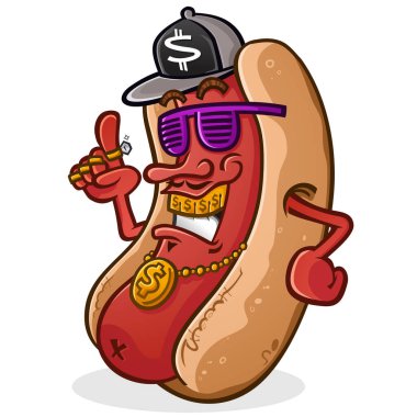 Harika bir hip hop rapçisi hot dog çizgi filmi ızgarası, düz kenarlı kepi ve altın madalyonlu göz kamaştırıcı gözlükleri var.