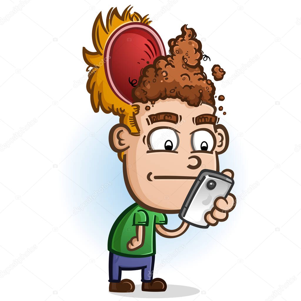 A cartoon boy with his head split open showing his poop for brains while mindlessly swiping through information on his phone
