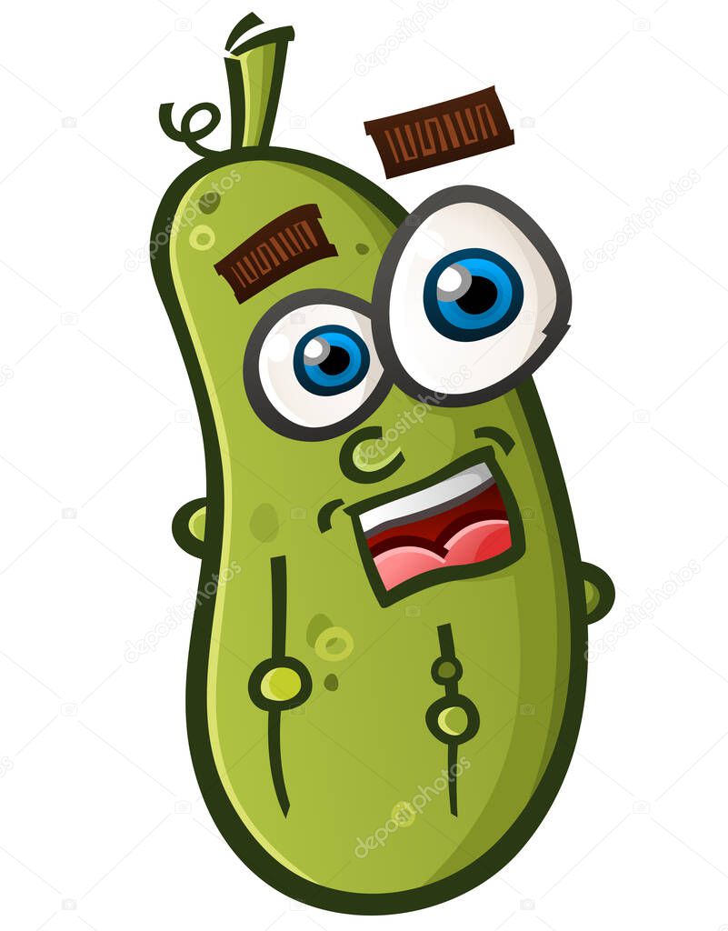 A happy smiling pickle cartoon character with a curly vine and thick eyebrows