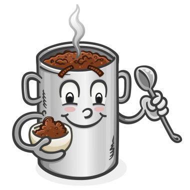 Büyük, lezzetli bir biber tenceresi, mutlu bir gülümsemesi olan bir karikatür karakteri bir kase dolusu kırmızı biber tutuyor ve kaşıkla yiyor.
