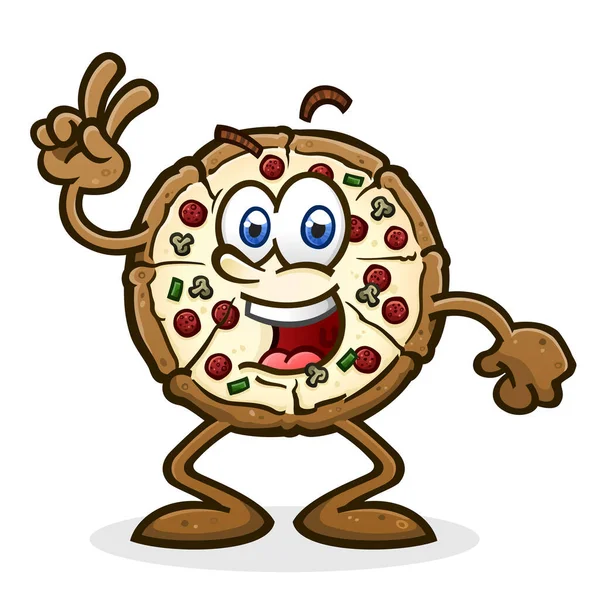 Happy Energetic Whole Pizza Cartoon Character Tossing Out Peace Sign — Stock Vector