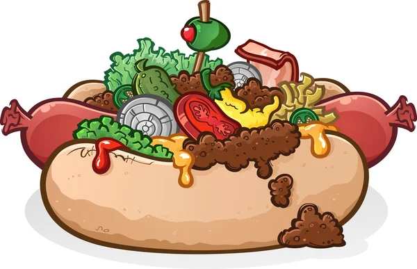 Hot Dog mit Toppings Karikatur — Stockvektor