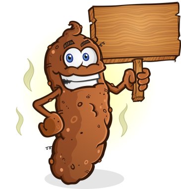 Poop Cartoon Character Holding a Blank Wooden Sign clipart
