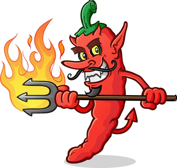 Scharfe Chili Pepper Teufel Zeichentrickfigur stechen — Stockvektor