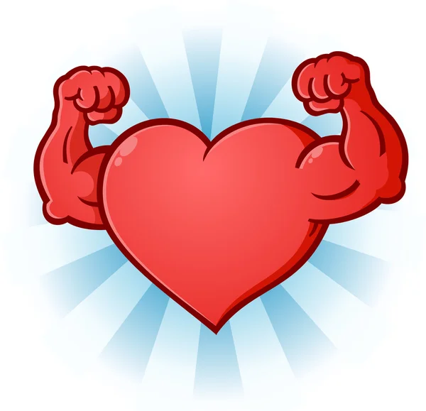 Corazón Flexing Músculos Personaje de dibujos animados — Vector de stock
