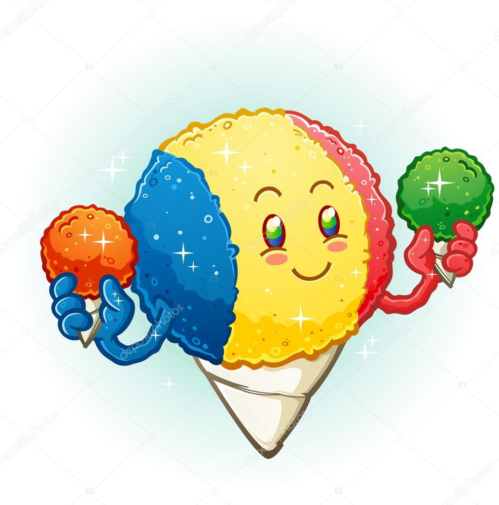 Snow Cone Cartoon Character Holding Frozen Flavored Ice Treats
