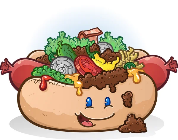 Caractère de dessin animé Hot Dog avec garnitures de luxe — Image vectorielle