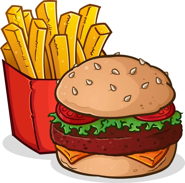 Hamburguesa con queso Papas fritas Dibujos animados — Vector de stock