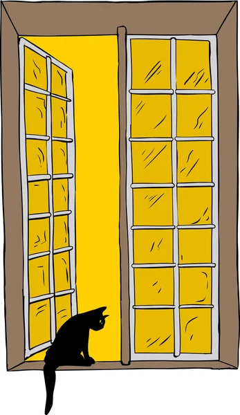 Ventana abierta con gato mirando hacia fuera — Vector de stock