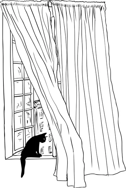 Skissera av fönster och katt i Stockholm fönster — Stock vektor