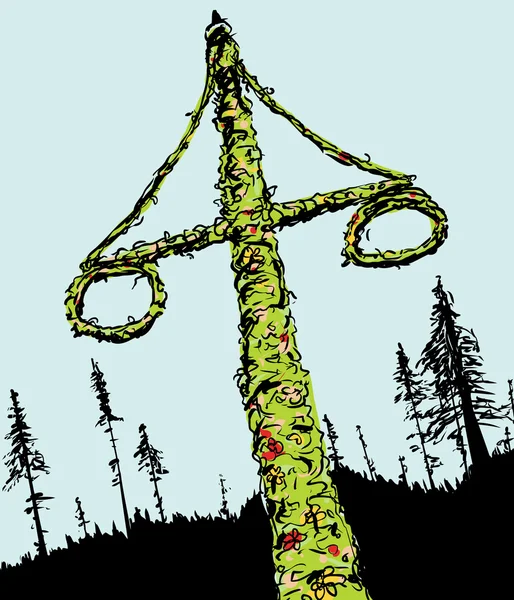 Zweedse Midsummer Maypole en bos — Stockvector