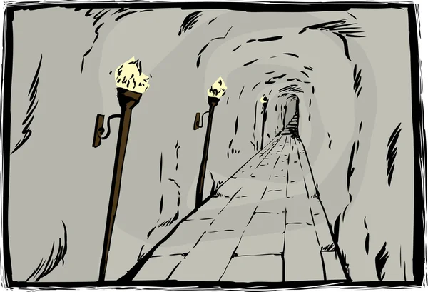 Горящие факелы в подземном проходе — стоковый вектор