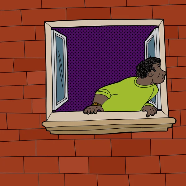 Hombre negro mirando por la ventana — Vector de stock