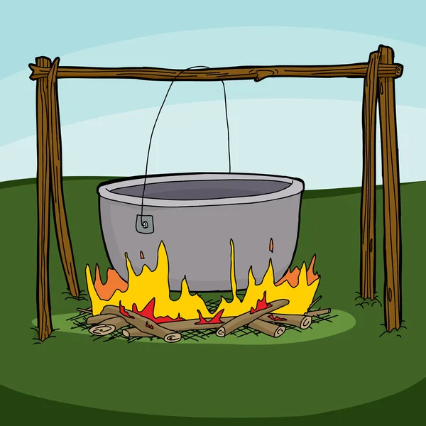 Large Empty Cauldron On Campfire — Stock Vector