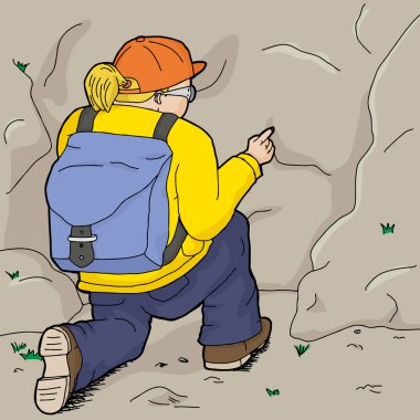 Female Hiker Points at Rock clipart