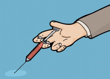 Enjeksiyon karikatür üzerine mavi