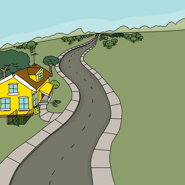 Casa amarela ao longo da estrada —  Vetores de Stock