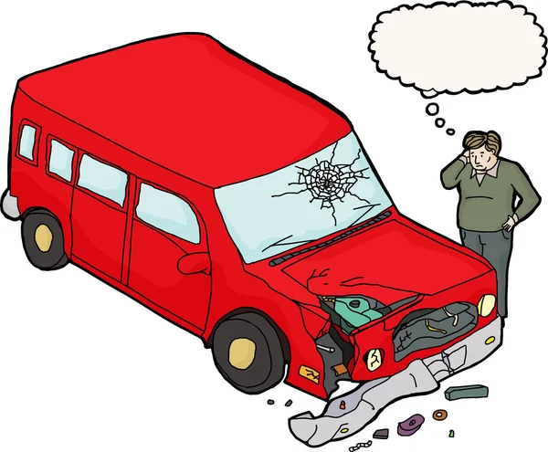 Uomo cercando danneggiato auto rossa — Vettoriale Stock