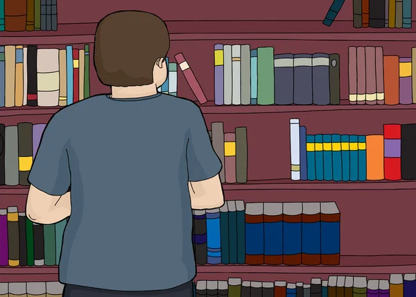Homme regardant grande bibliothèque — Image vectorielle
