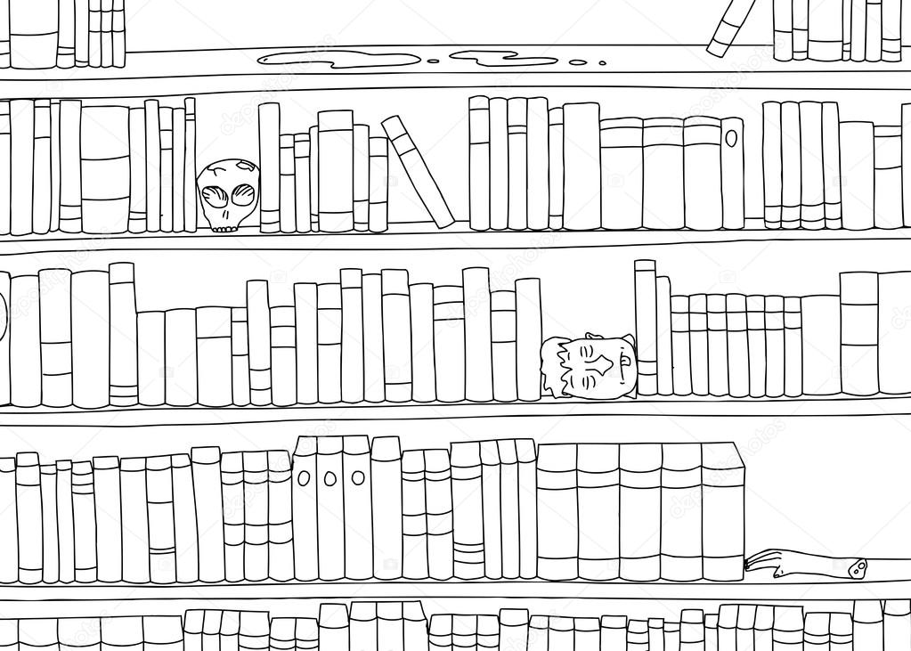 Outline of Bizarre Bookshelf — Stock Vector © theblackrhino #72973291