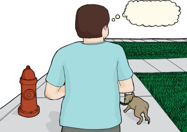 Beyaz adam köpeğini gezdiriyor.