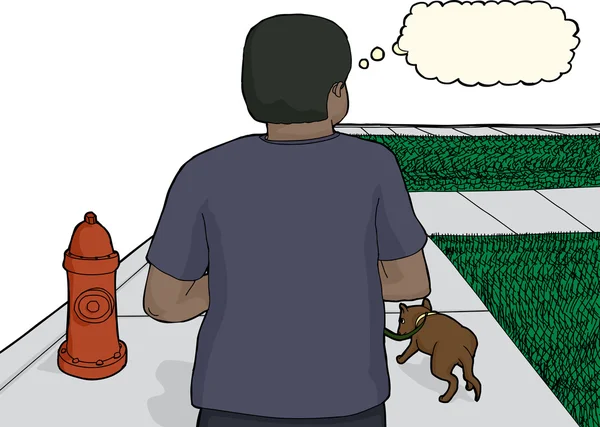 Homem negro andando cão na calçada — Vetor de Stock