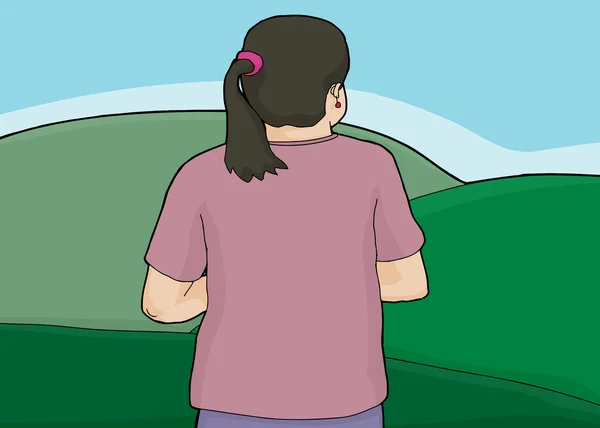 Femme regardant sur les collines vertes — Image vectorielle