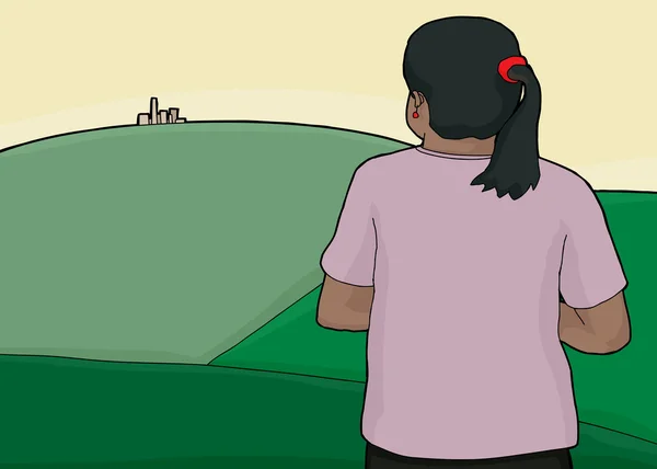 Mujer y ciudad en Green Hills — Vector de stock