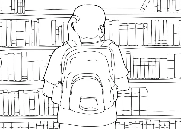 Umriss einer Frau mit Rucksack in Bibliothek — Stockvektor