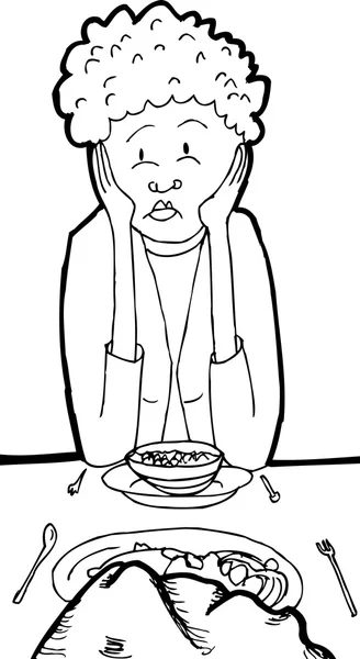 Aperçu de femme ennuyée à table avec rocher — Image vectorielle