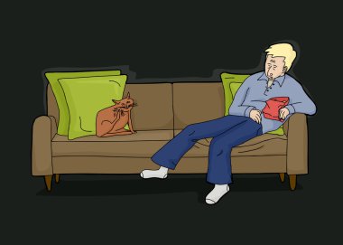Yorgun adam uyku ile kedi