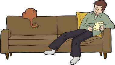 Yorgun yetişkin yiyecek ve kedi ile