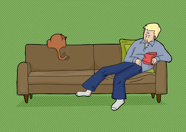 Homme blond avec de la nourriture et chat — Image vectorielle