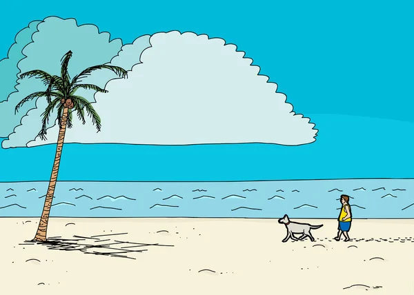 Passeggiata cane vicino a palma sulla spiaggia — Vettoriale Stock