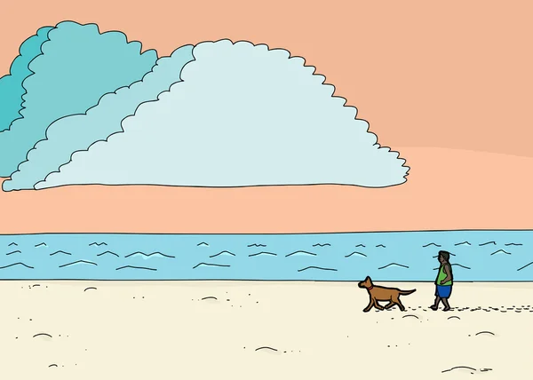 Hombre hispano paseando perro en la playa — Vector de stock