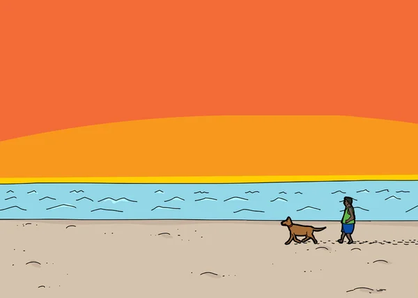 Paseando perro en playa puesta del sol — Archivo Imágenes Vectoriales