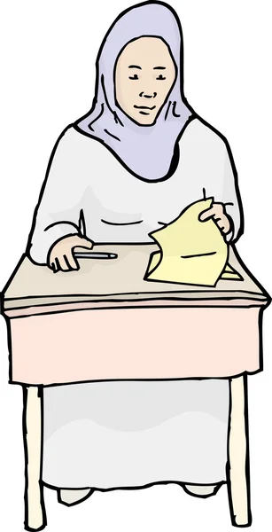 Grinning Muslim Student at Desk — Stock Vector