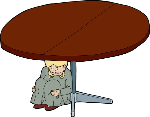 Cartoon van bang meisje onder tafel — Stockvector