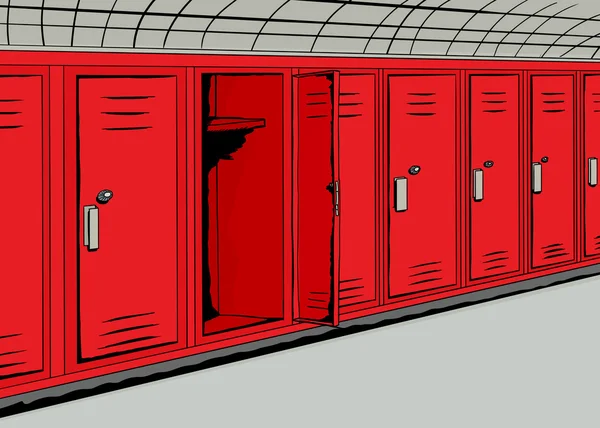 Öppna röda skåp i hallen bakgrund — Stock vektor