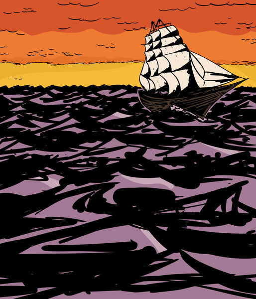 Ship on Water at Sunset