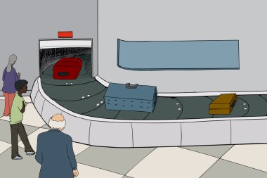 Çantalar talep için bekleyen yolcular