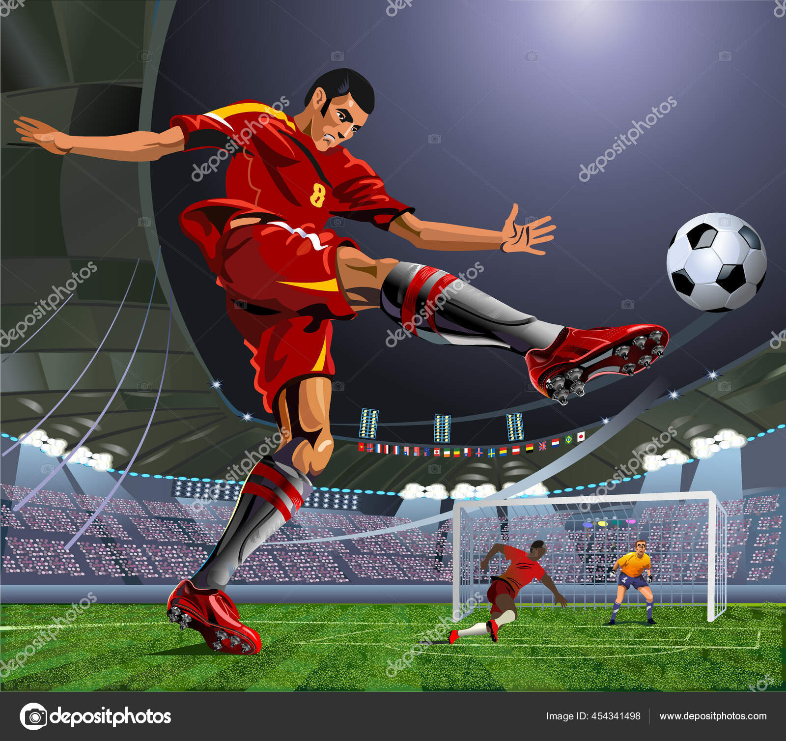 Soccer Player Kick Ball Goalkeeper Ready Protect Gate Stock Vector