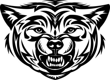 Kurt kafası. Bir kurdun ağzının yırtıcı sırıtışı. Dövme çizimi