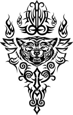 Kurt kafası. Bir kurdun ağzının yırtıcı sırıtışı. Dövme çizimi