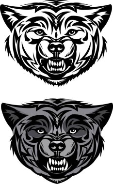 Kurt kafası. Bir kurdun ağzının yırtıcı sırıtışı. Dövme çizimi