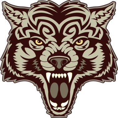 Kurt kafası. Bir kurdun ağzının yırtıcı sırıtışı. Dövme çizimi